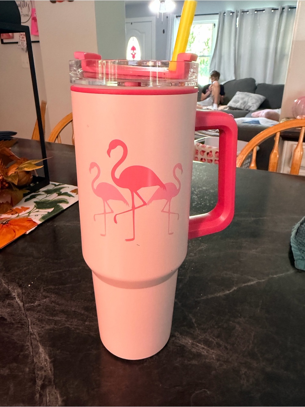 Pink Flamingo Travel Tumbler with Handle - Insulated Drink Mug